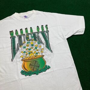 Vintage St Patricks Day Shirt Mens XL White Wanna Get Lucky Irish 90s USA Tee